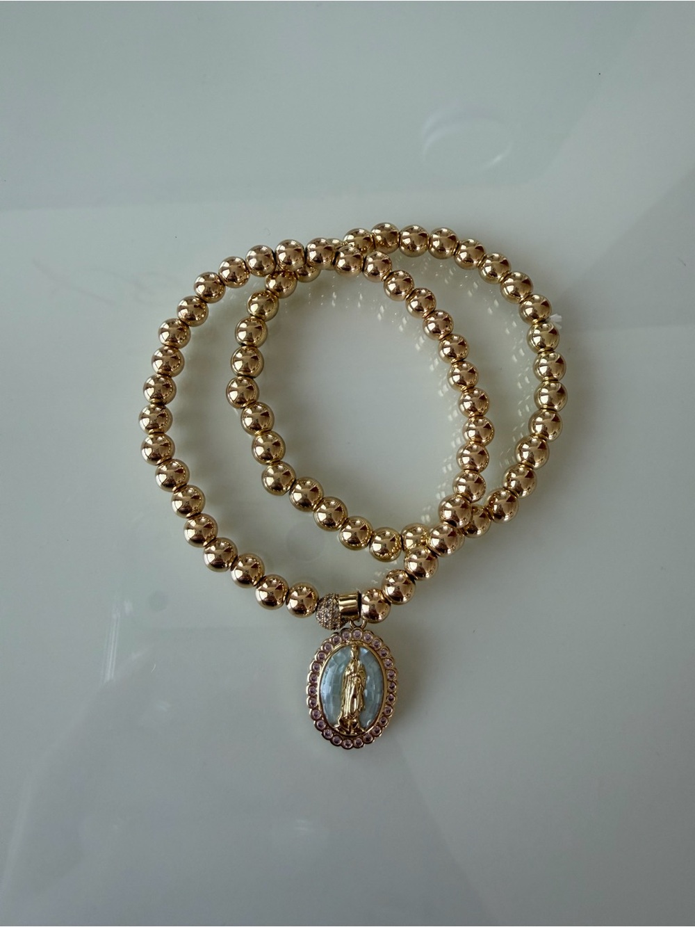 Gold Beaded Religious Charm Stretch Bracelet - Women's Jewelry